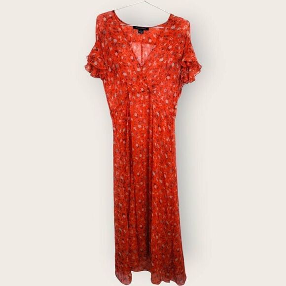 French Connection Midi Sz 12 Sheer Chiffon Tea Flutter Sleeve Dress Pumpkin - Picture 1 of 12